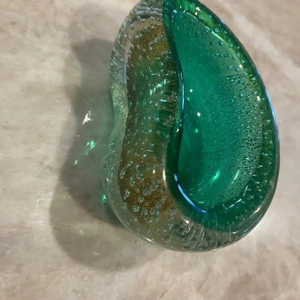 Vintage Murano glass candy dish Green with gold beautiful  bean shaped